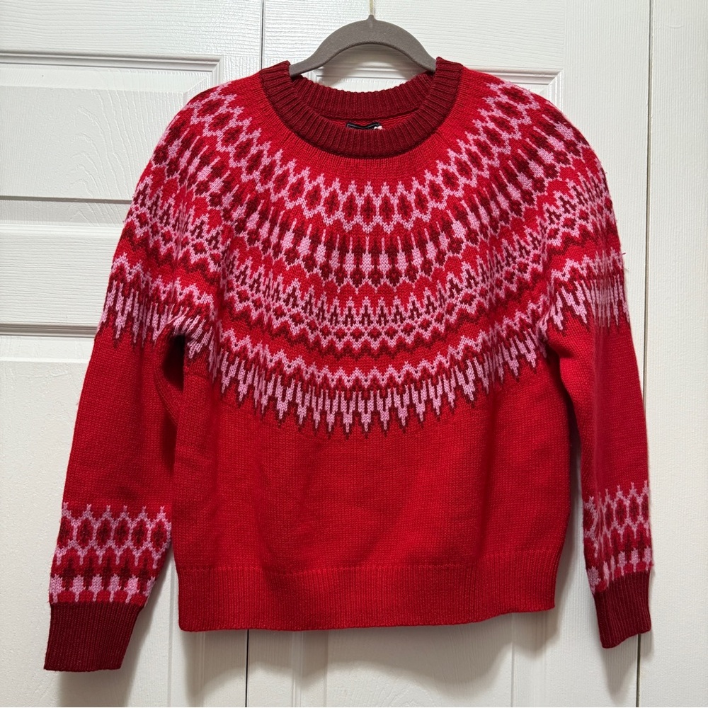 Size SMALL Vineyard Vines Red & Pink Fair Isle Wool Sweater, Nordic Crewneck NWT - Picture 2 of 9
